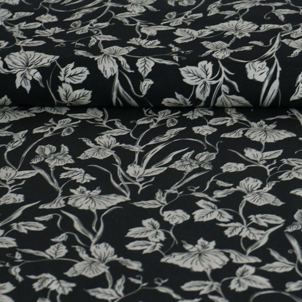 Viskose Druck Lyocell kittweiße Blüten Blätter auf schwarz